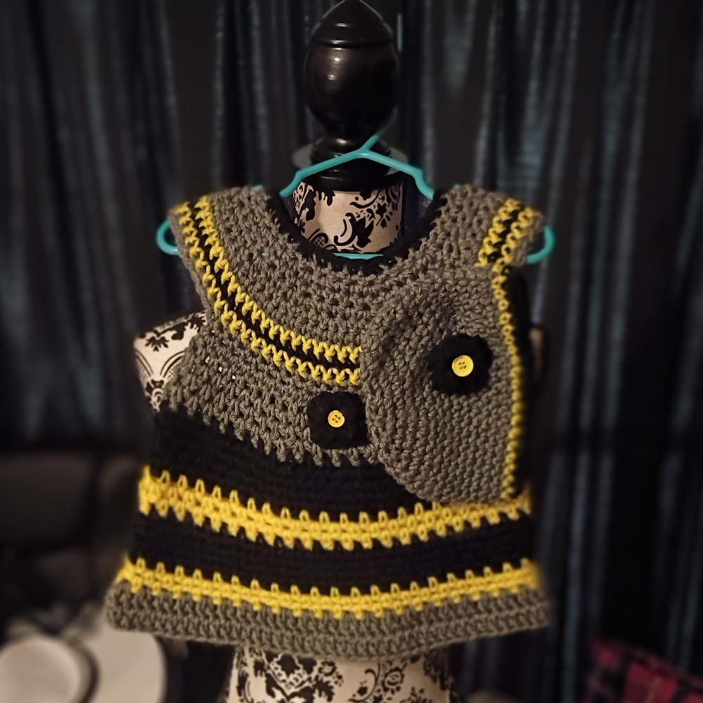 Handmade Crochet Vest in Gray, Black, and Yellow